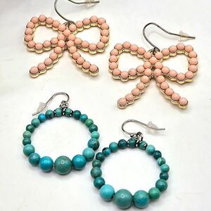 "5/$25" 2 Pairs of Beaded Earrings Peach Ribbon Bow/Turquoise Circle Earrings